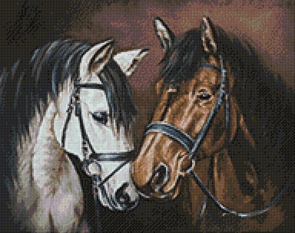 Horse Tenderness WD2469 diamond painting kit featuring a self-adhesive canvas, vibrant square acrylic diamonds, and essential crafting tools.